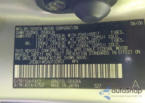 2006 Toyota 4Runner Sr5 V6 from USA, damaged, VIN JTEBU14R260102853